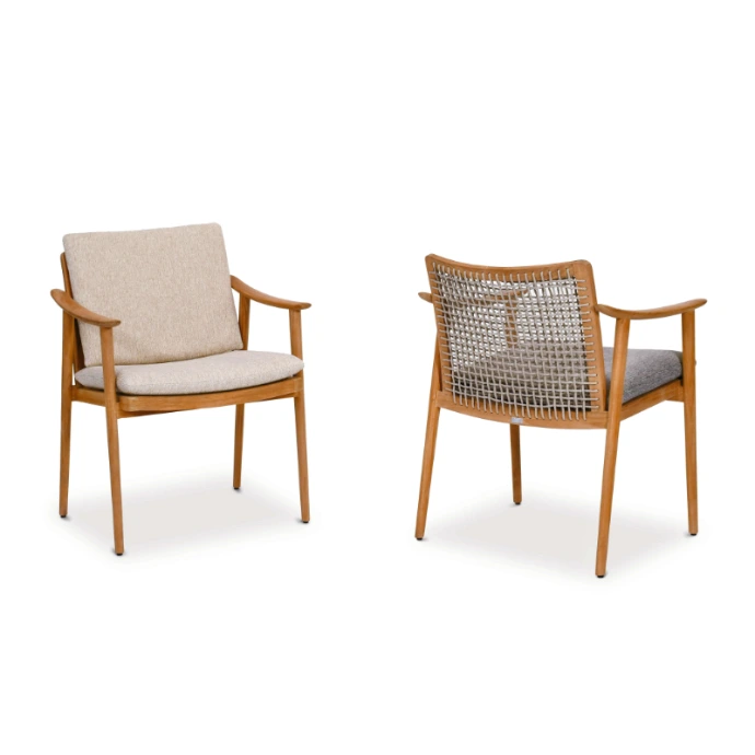 Keno Dining Sessel von Fischer Möbel – hochwertiger Outdoor Sessel aus Holz mit geflochtener Rückenlehne und bequemer Polsterung für stilvolle Essbereiche im Freien